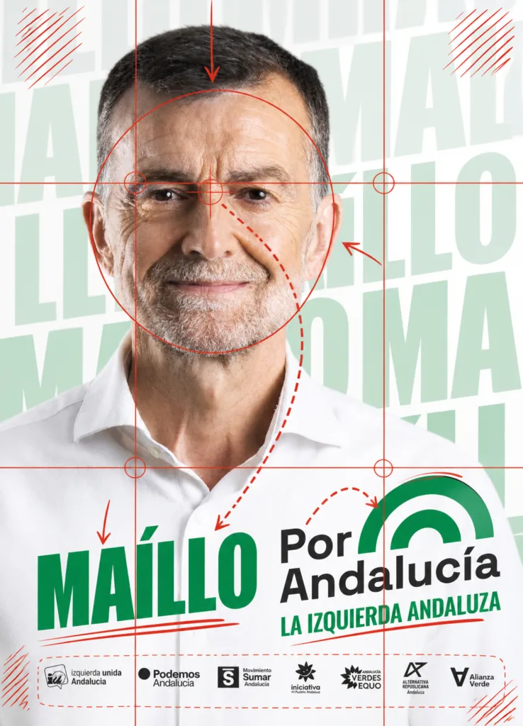 Cartel electoral andaluz de Antonio Maíllo para Por Andalucía con retrato en primer plano