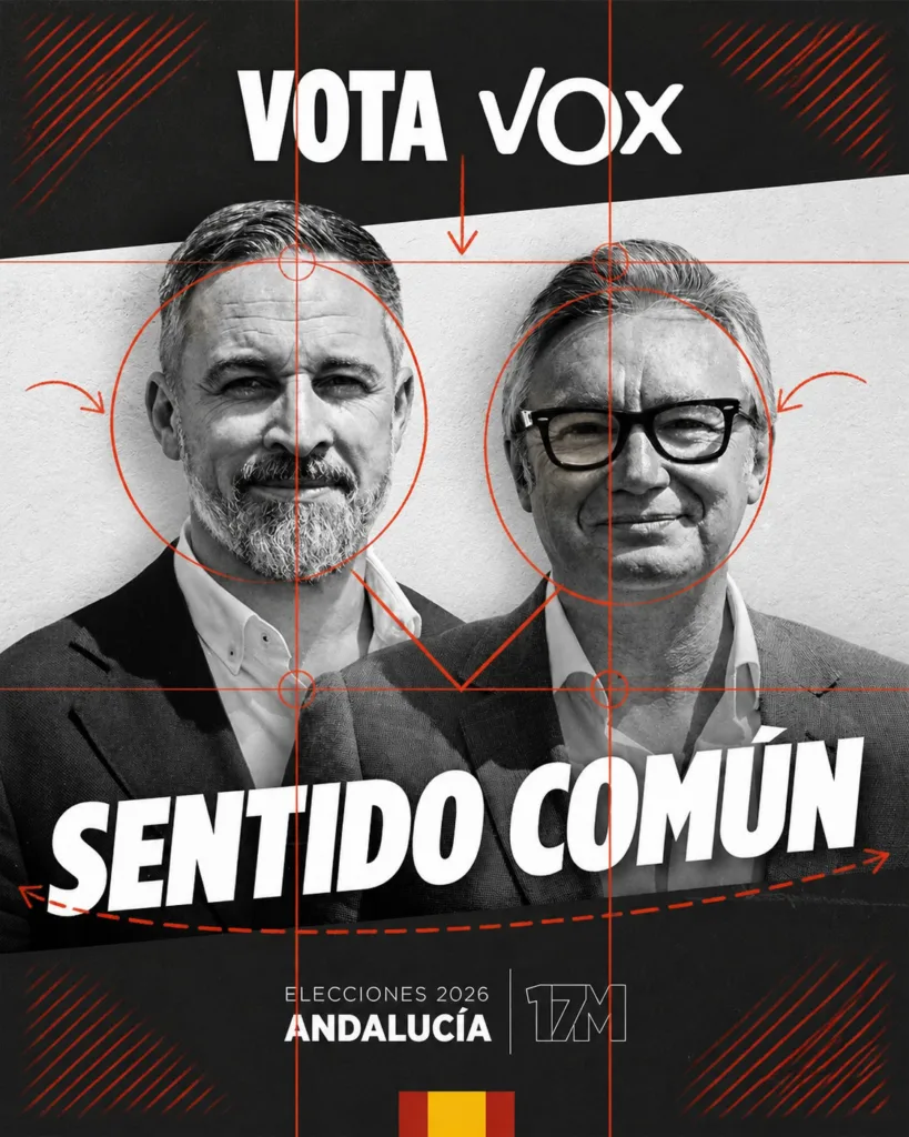 Cartel electoral andaluz de Vox con Santiago Abascal y Manuel Gavira bajo el lema Sentido común