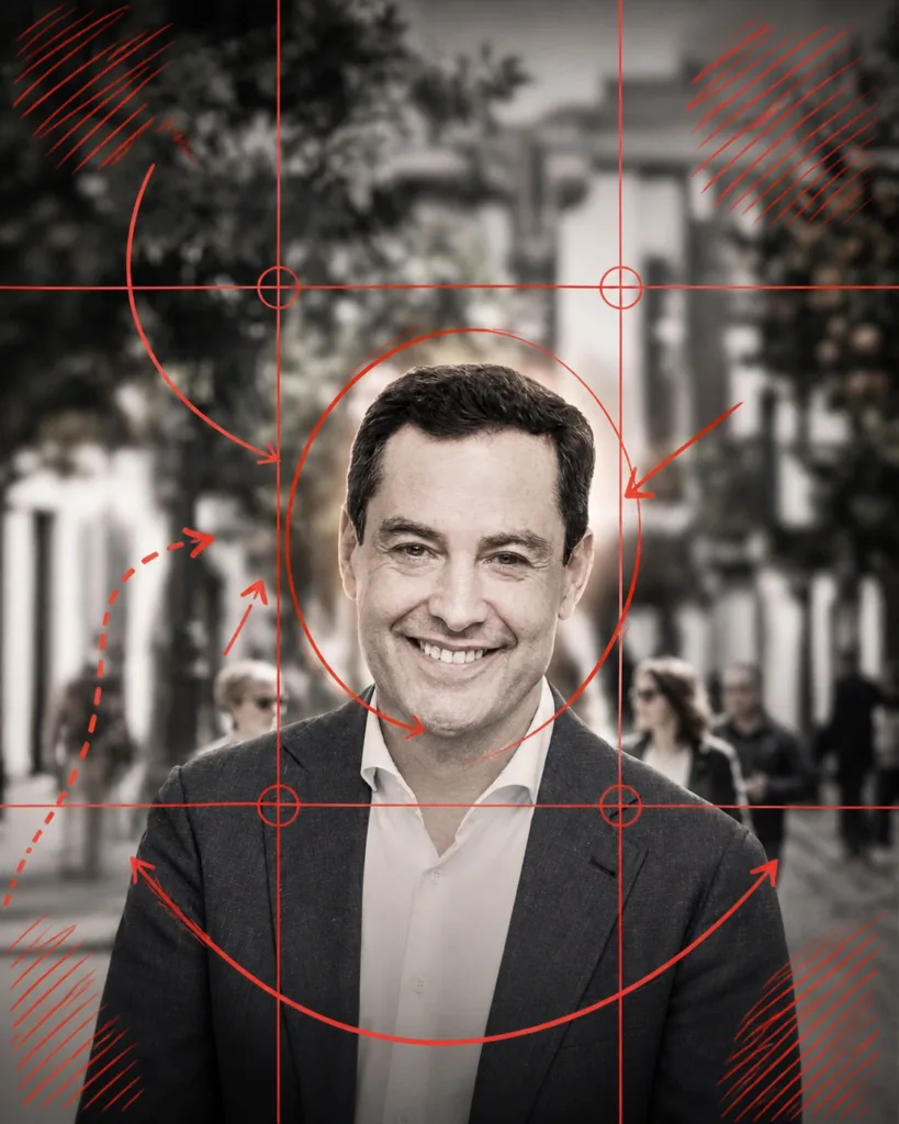 Cartel electoral andaluz de Juanma Moreno con retrato frontal y fondo urbano desenfocado