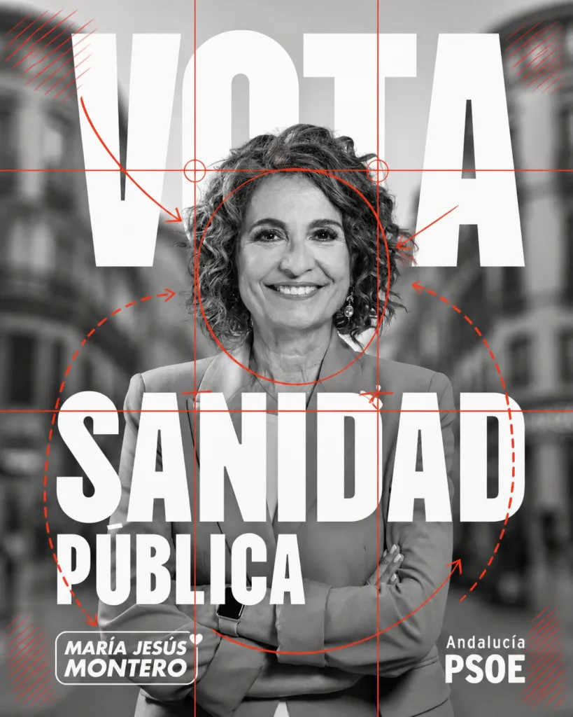 Cartel electoral andaluz de María Jesús Montero con el lema Vota sanidad pública